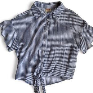 Mossimo | Blue & White Striped Button Up Flutter Sleeve Tie-front Top